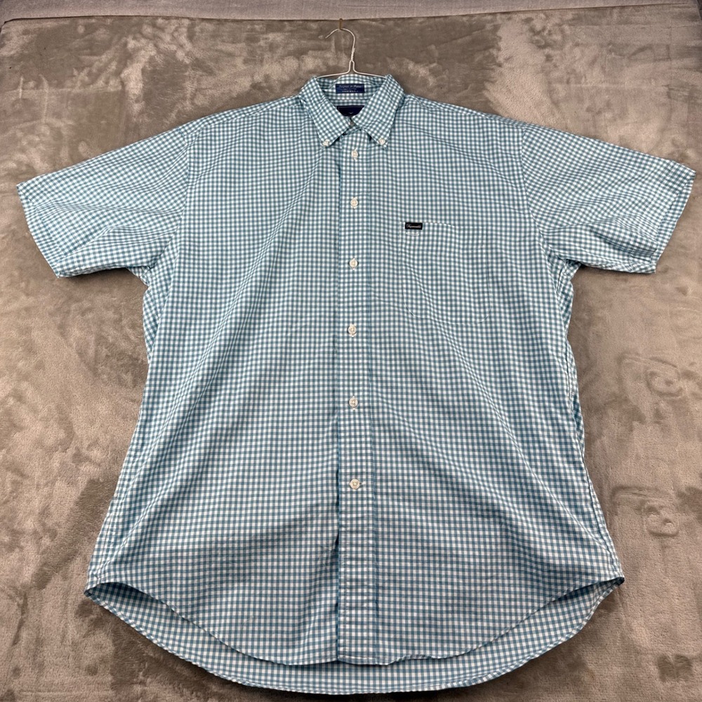 Faconnable Shirt Mens L Gingham Blue White Short Sleeve Button Down EUC